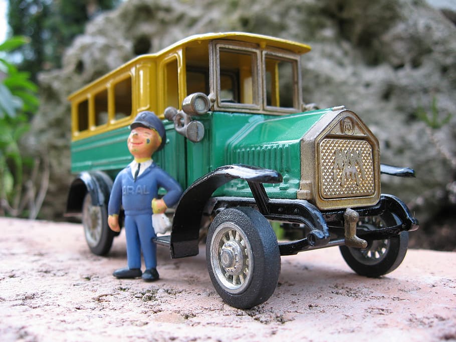 Macro, Oldtimer, Old Bus, ônibus, verde, um, frentista, modelo de carro, coleção, coletor