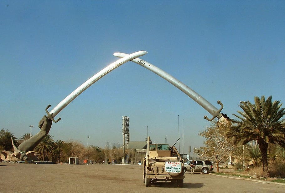 gray, truck, road, two, hands, holding, swords arch, arc, triumph, saddam