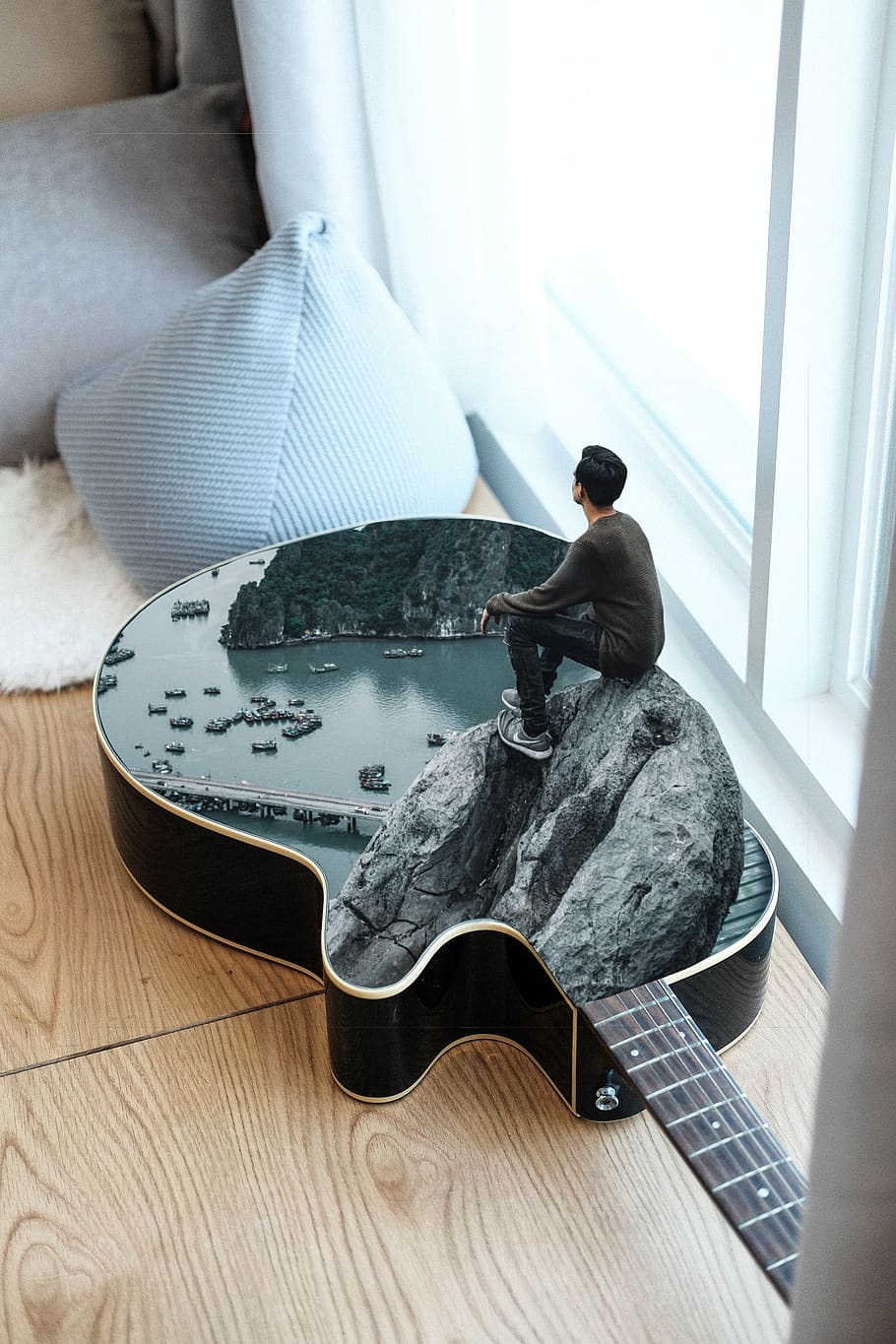 man, mountain, sea, pillow, guitar, room, comfort, window photoshop, fantasy, indoors