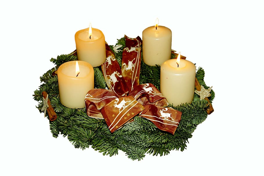 advent wreath, advent, christmas, holly, arrangement, christmas time, contemplative, candlelight, candle, white background