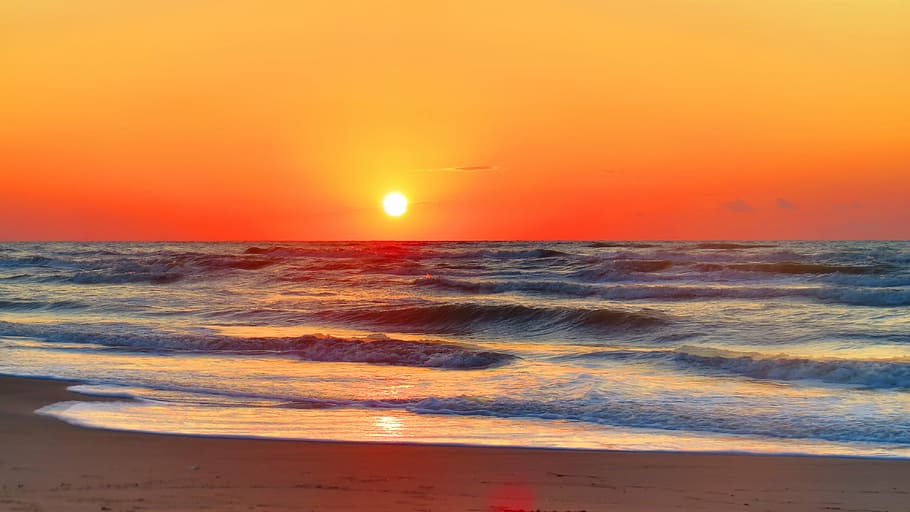 cuerpo, agua, naranja, puesta de sol, mar, sol, foto, horizonte, océano, olas
