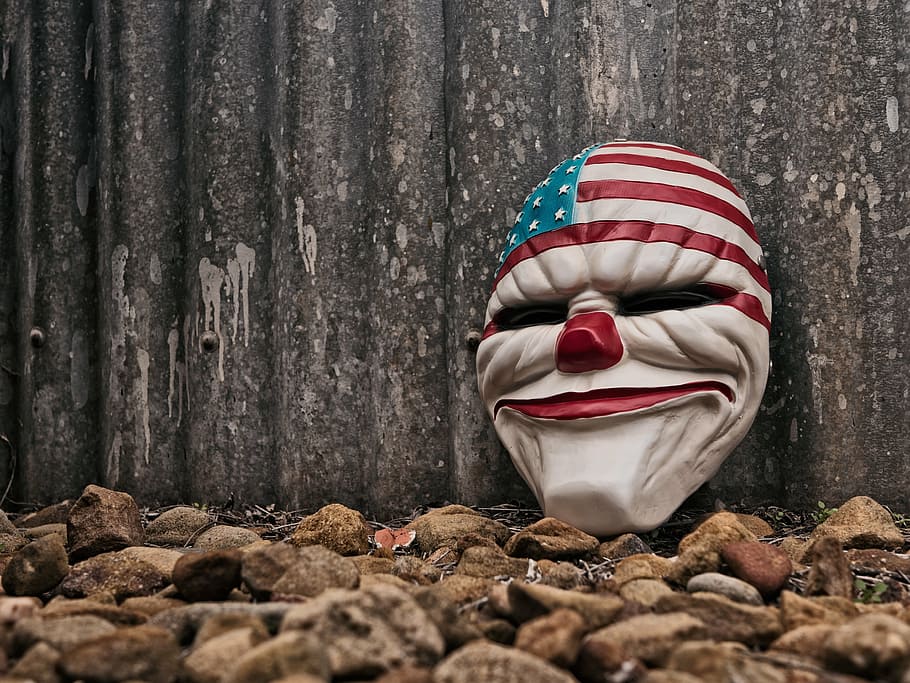Visão, EUA, Máscara de bandeira, inclinando-se, parede, urbano, palhaço, Mal, horror, praia