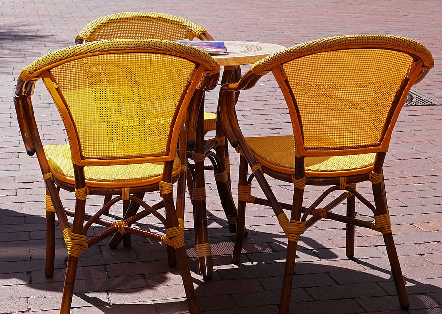 seating arrangement, ice cream parlour, outside catering, chair, furniture, seat, wood, graze, wattle, yellow
