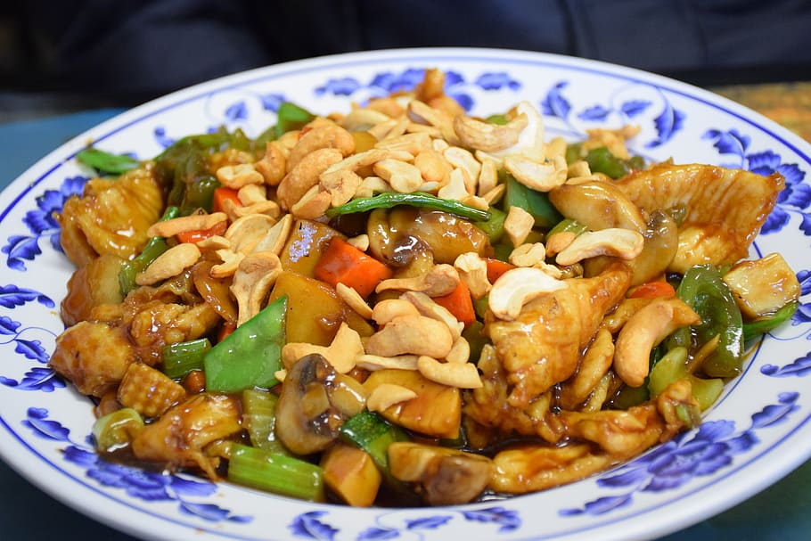 chino, plato, comida, pollo anacardo, comida y bebida, listo para comer, frescura, alimentación saludable, bienestar, primer plano