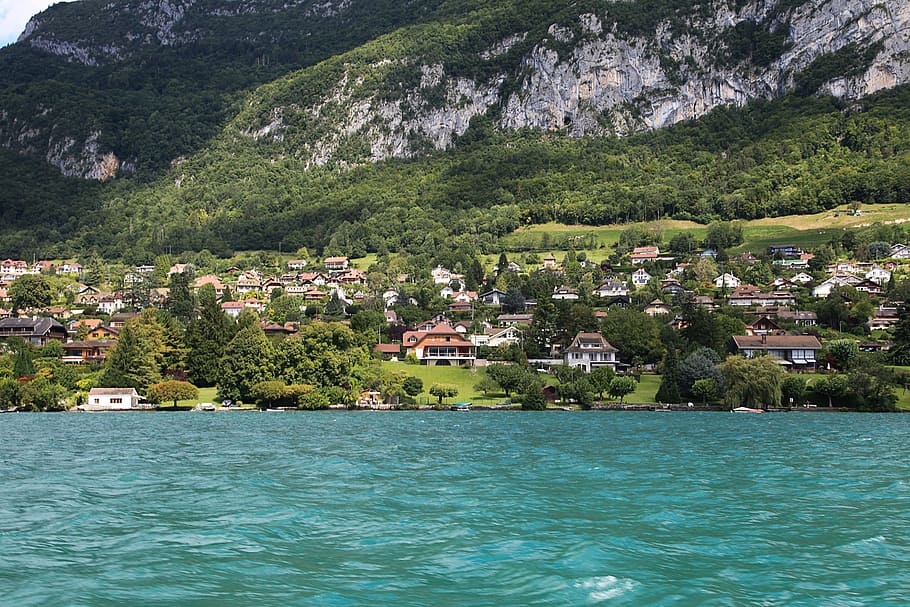 annecy, lake, city, village, annecy lake, house, water's edge, mountain, beauty, wild