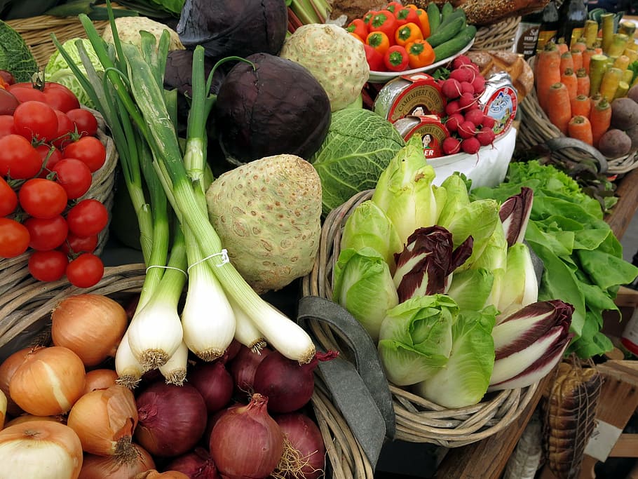 berbagai macam sayuran, sayuran, tomat, daun bawang, salad, bawang, sehat, makan, warna-warni, nutrisi