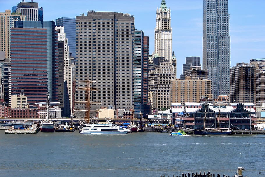 New York City, Buildings, Skyscrapers, urban, sky, clouds, skyline, architecture, river, water