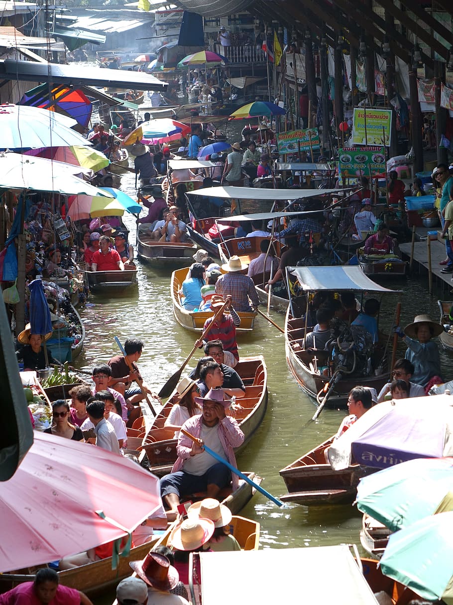 mercado flutuante, damnoen saduak mercado flutuante, tailândia, tradicional, banguecoque, água, mercado, pessoas, colorido, vendedor