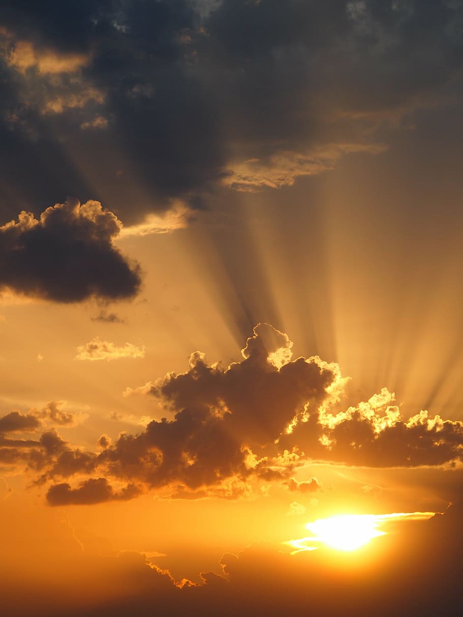 sky, mood, afterglow, sunset, clouds, rays, cloud - sky, beauty in nature, scenics - nature, sunlight
