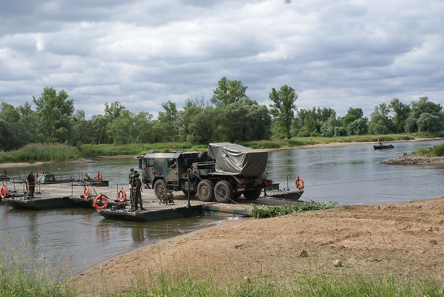 the military, river, floating bridge, the army, water, transportation, cloud - sky, mode of transportation, plant, tree