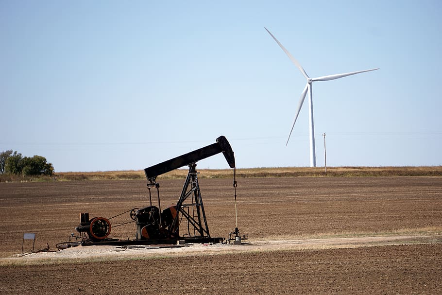 pumpjack, oklahoma, oil, oil well, energy, environment, wind turbine, renewable, electricity, fuel and power generation