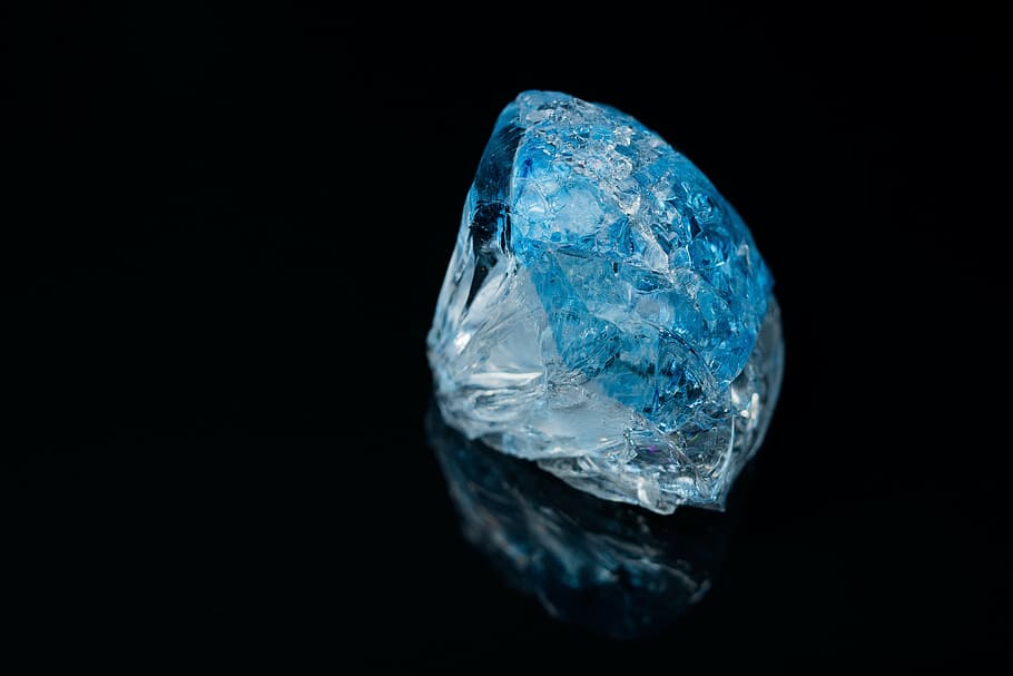 round, blue, gemstone, black, background, glass, piece, broken, crystallized, artistic