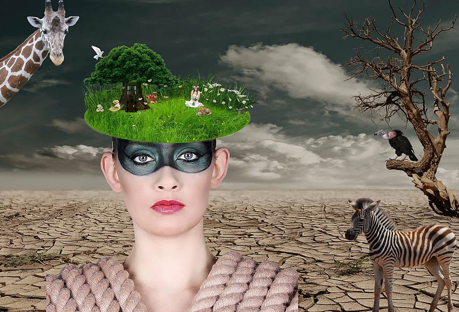 woman, black, mask, animal background, edited, desert, tree thoughtless, presentation, idea, clouds