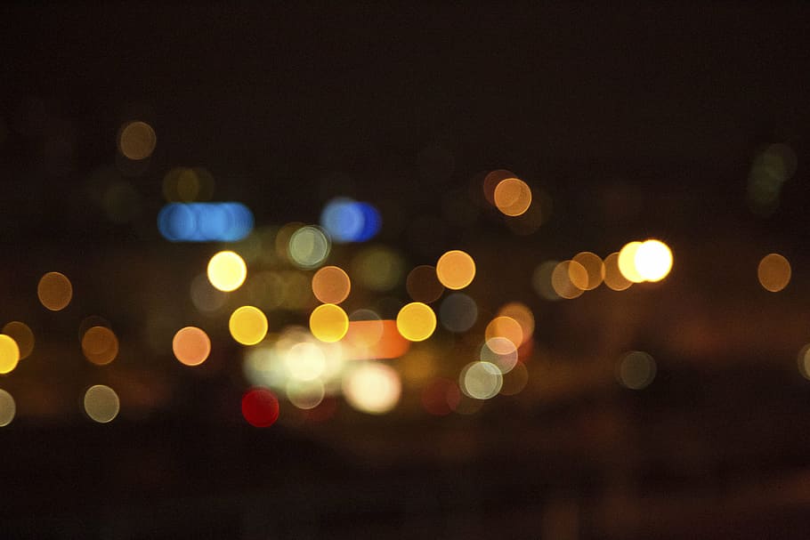 ボケライト写真, 暗い, 夜, 都市, ライト, ボケ, デフォーカス, 抽象, 背景, サークル