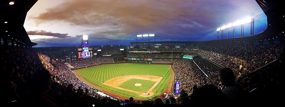 baseball, game, stadium, crowd, night, colorado, denver, rockies, sky, purple