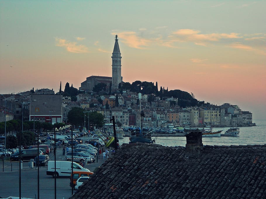in the evening, rovinj, church, architecture, building exterior, sky, built structure, city, sunset, building