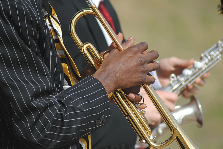 person, playing, brass trumpet, brass, trumpet, music, jazz, musician, musical, sound