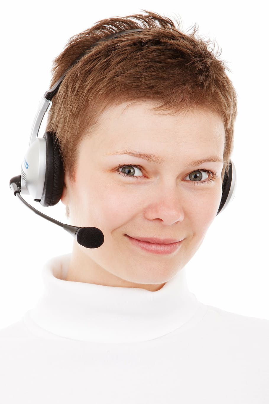 woman, wearing, white, turtleneck shirt, gray, headset, agent, business, call, center