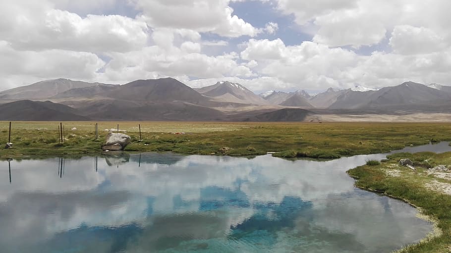 tajikistan, mountains, clouds, water, landscape, color, reflection, travel, nature, blue