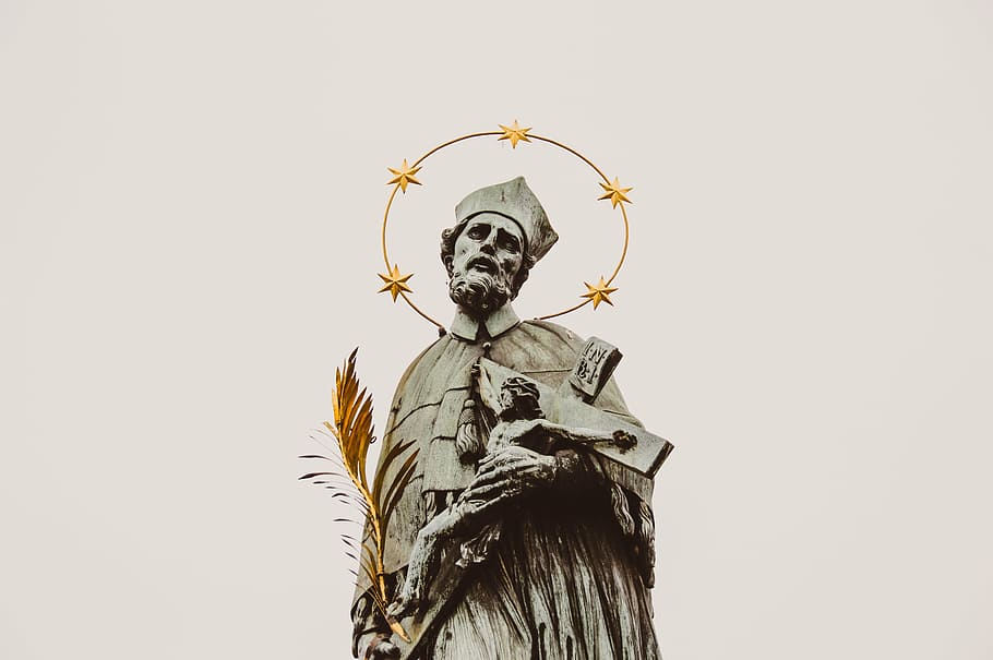 statue, religious, person, man, holding, crossifix, john of nepomuk, crucifix, catholic, religion