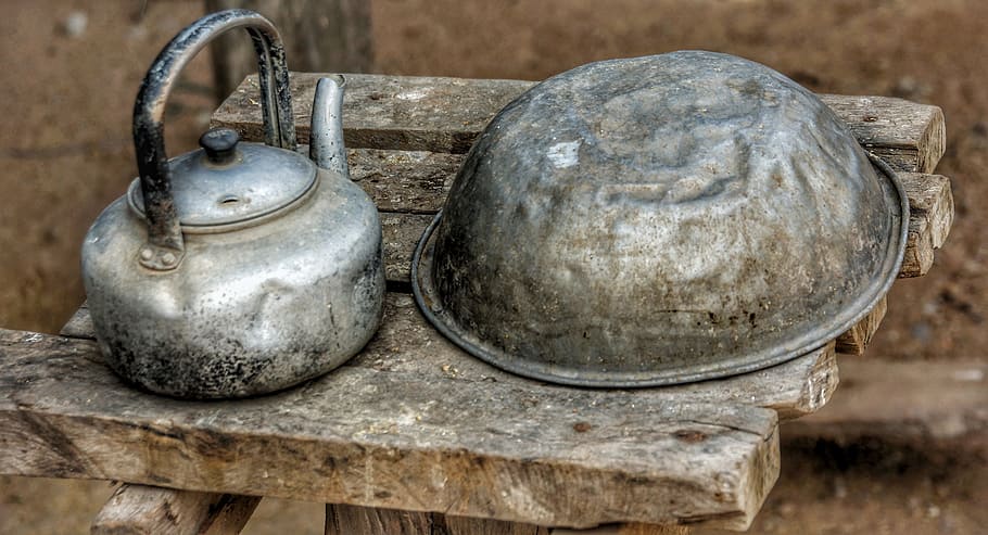 gray, kettle, bowl, table, poor, people, basic, needs, old, basin