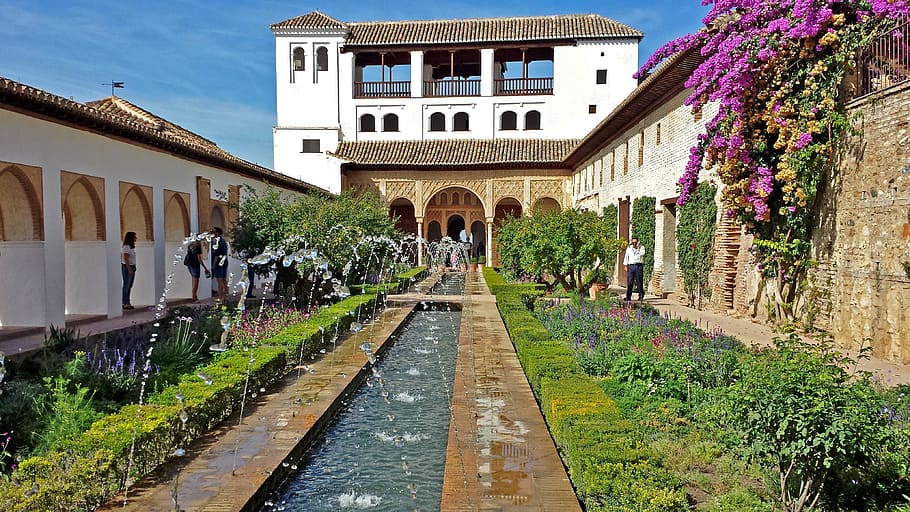 garden field, house, alhambra, granada, generalife, garden, andalusia, courtyard, architecture, built structure