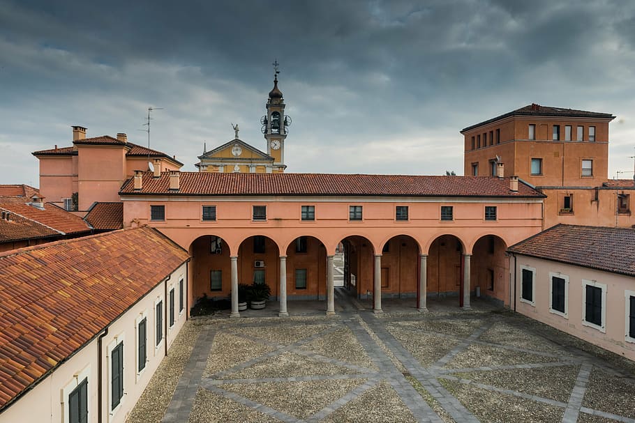 cavenago, roof, campanile, sky, arcade, city, roofs, church, monument, italy