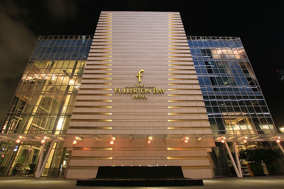 hotel, singapore, fullerton bay hotel, city, asia, architecture, building, night, scene, illuminated
