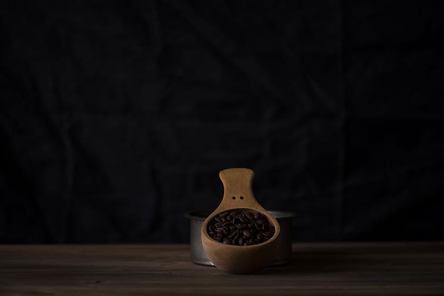 brown, wooden, container, black, coffee beans, dark, room, table, scoop, coffee