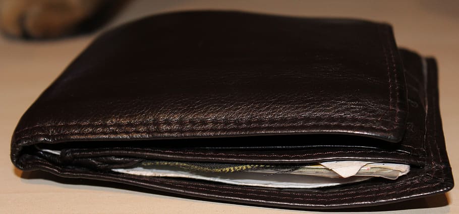 bolsa, carteira, carteira masculina, artigos de couro, couro, dinheiro, pagamento, cor preta, close-up, sem pessoas