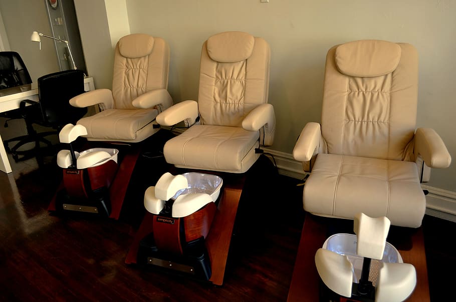 three, brown, foot spa chairs, chairs, seats, hair salon, spa, salon, cosmetics, seat