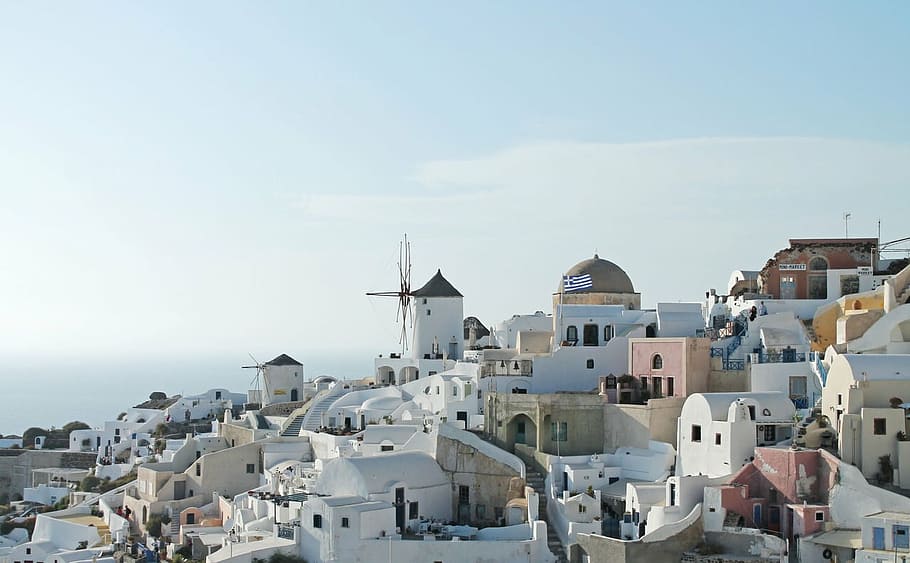 white painted houses, santorini, greece, blue, sky, flag, greek, buildings, island, hill