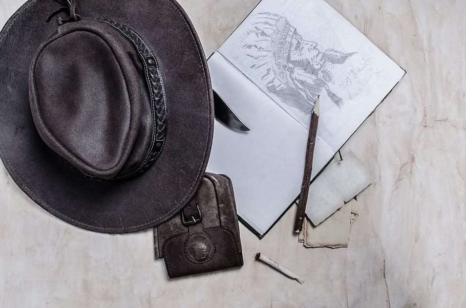 cowboy, western, west, hat, book, diary, painting, pencil, cigarette, knife