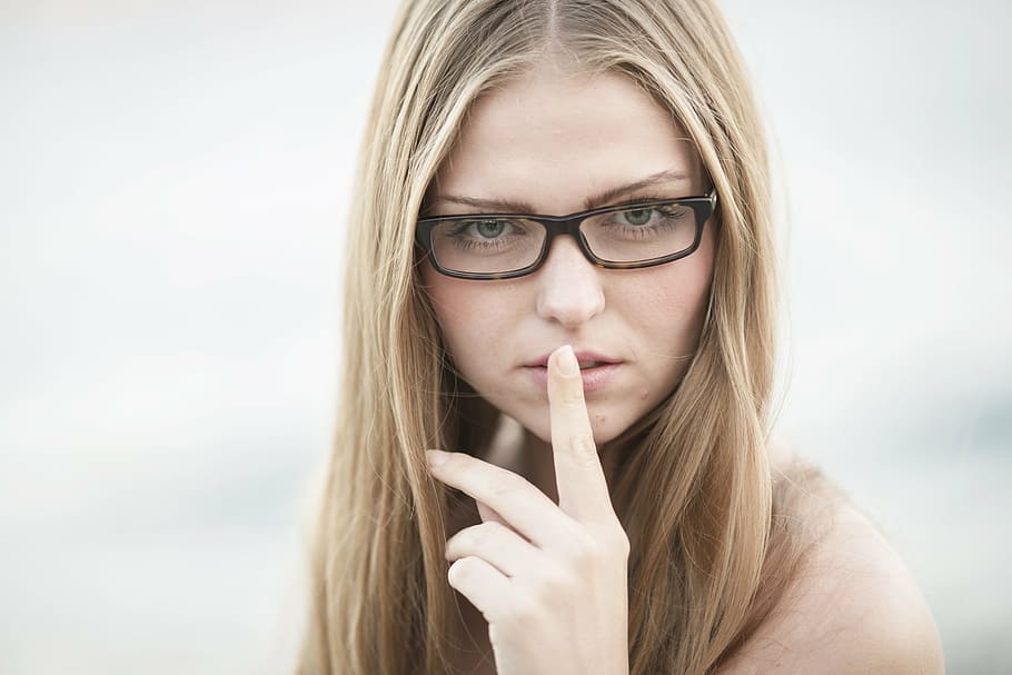 woman, wearing, black, eyeglasses, index finger, lips, women's, model, young model, beautiful