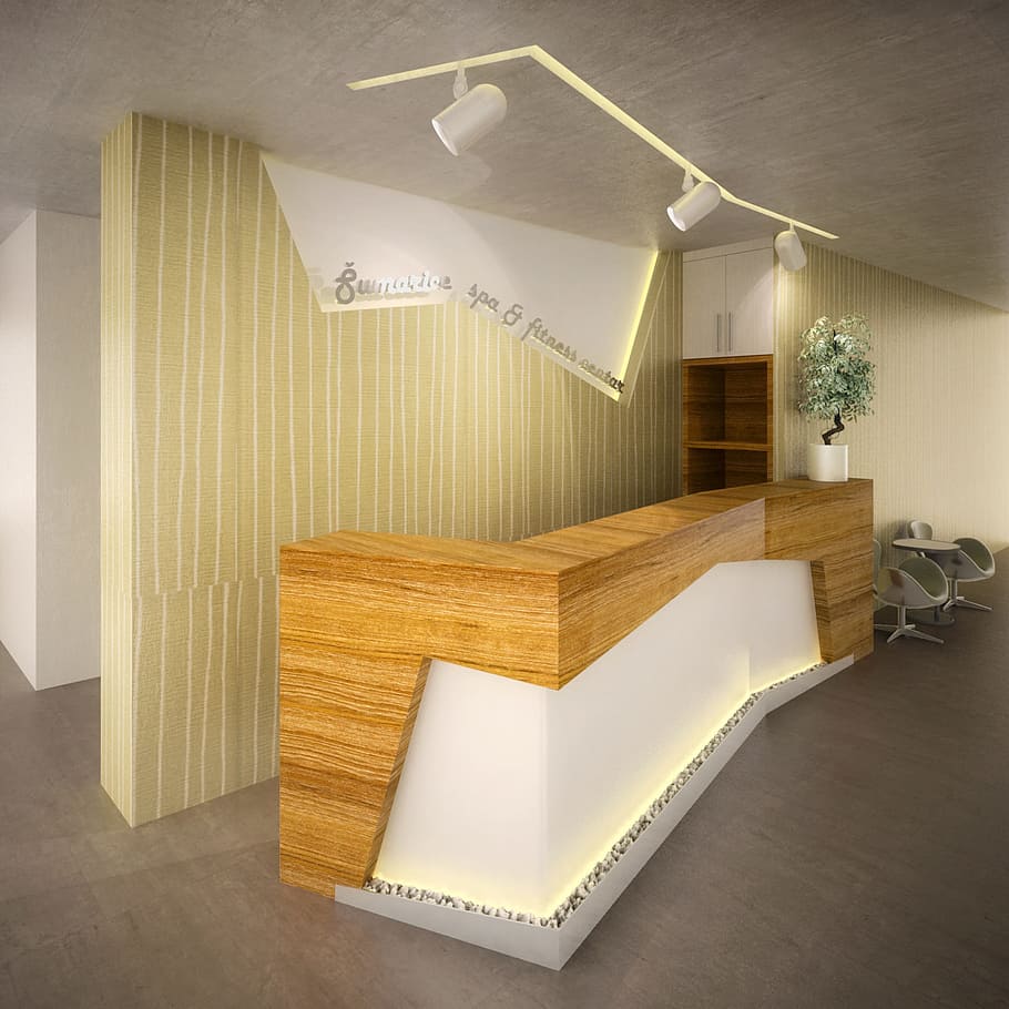brown, white, wooden, countertop, inside, lighted, room, reception, hotel, desk