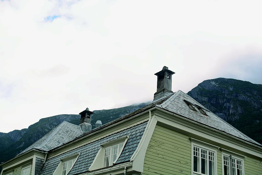 bege, cinza, residencial, casa, montanha, branco, verde, de madeira, estrutura, telhado