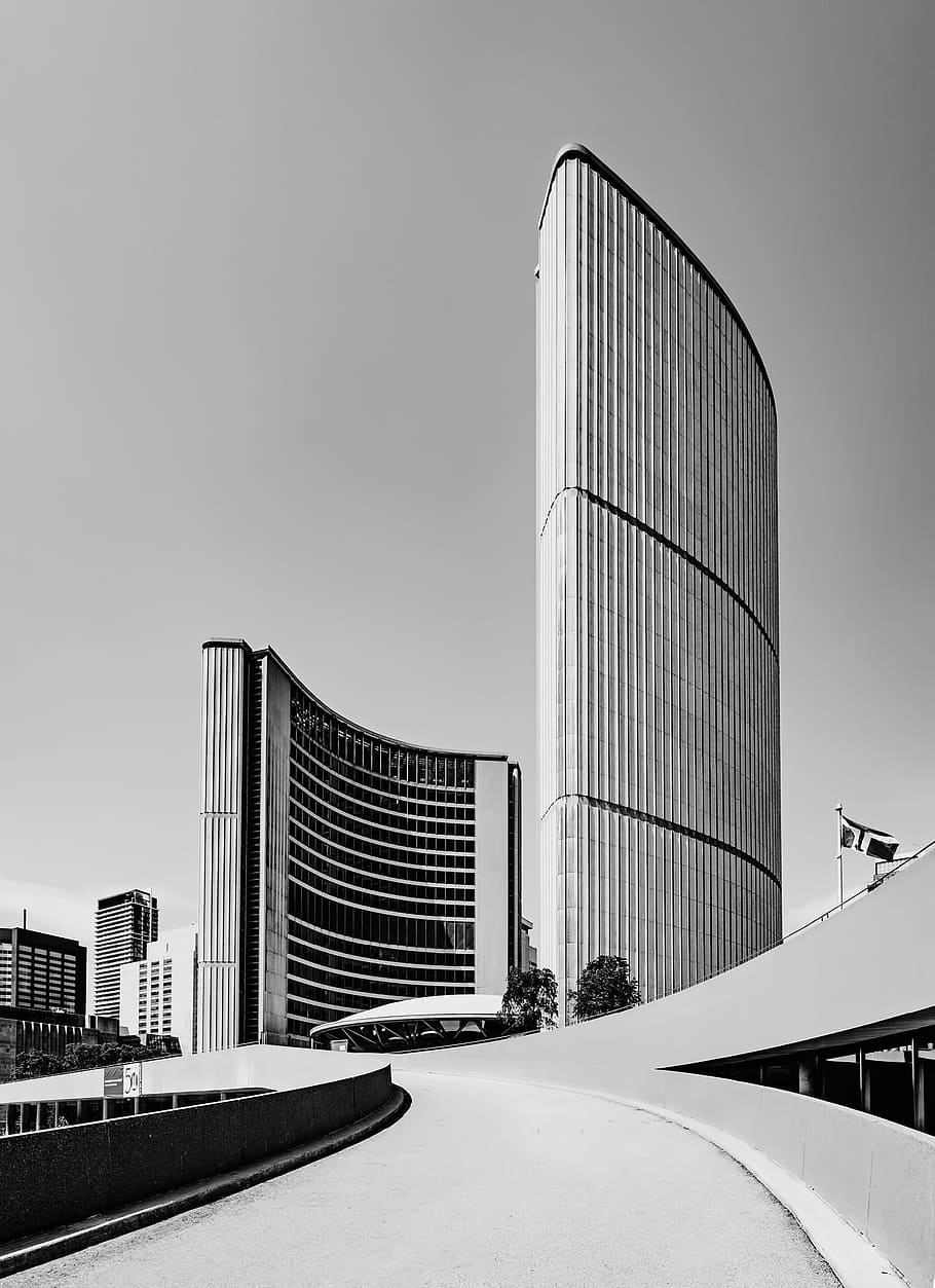 grayscale photography, buildings, Toronto, Canada, City Hall, Modern, city, urban, cityscape, black and white