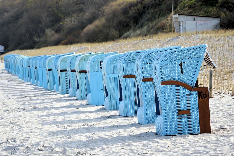 playa, mar báltico, silla de playa, clubes, banco, mar, azul, rügen, dunas, playa de arena