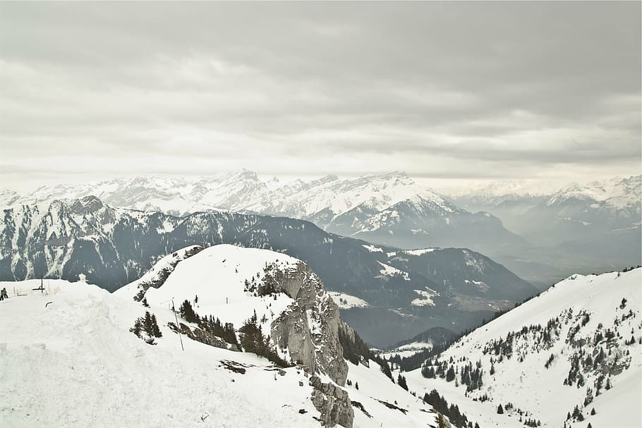 航空写真, ビュー写真, 白, 山アルプス, 山, 覆われた, 雪, 重い, 雲, 風景