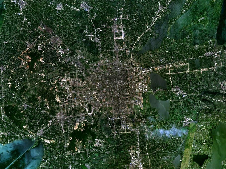 Imagen de satélite, Suzhou, Jiangsu, China, ciudad, fotos, dominio público, fondos, naturaleza, resumen