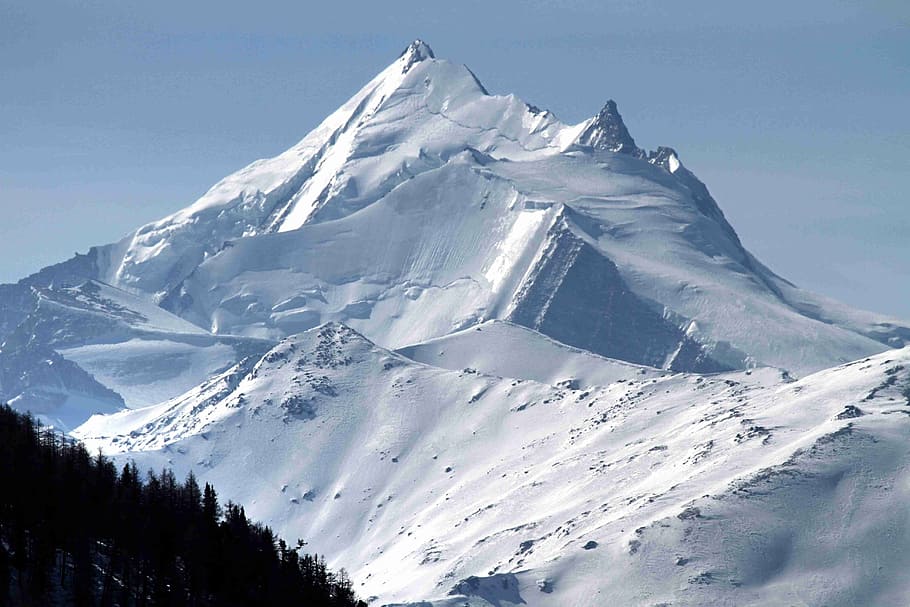 snow-covered mountain, weisshorn, valais, switzerland, mountains, alpine, snow, high mountains, blue, sky