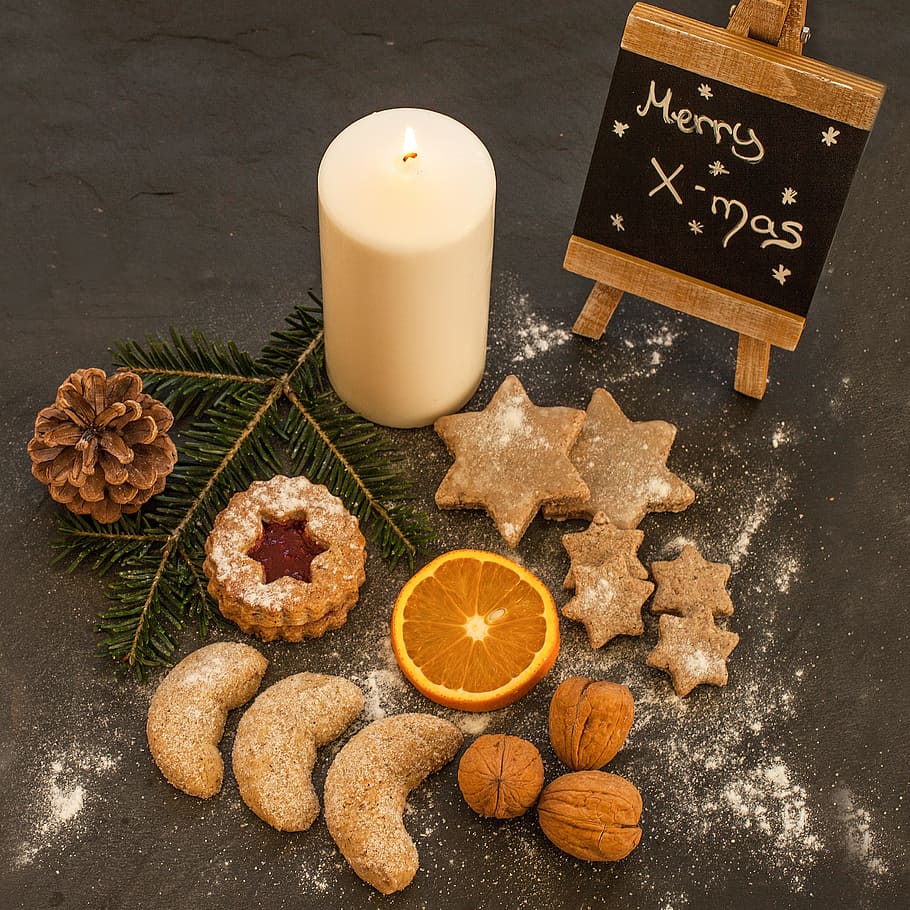 flat, lay, photography, baked, pastries, placed, pillar candle, cookie, cookies, small cakes