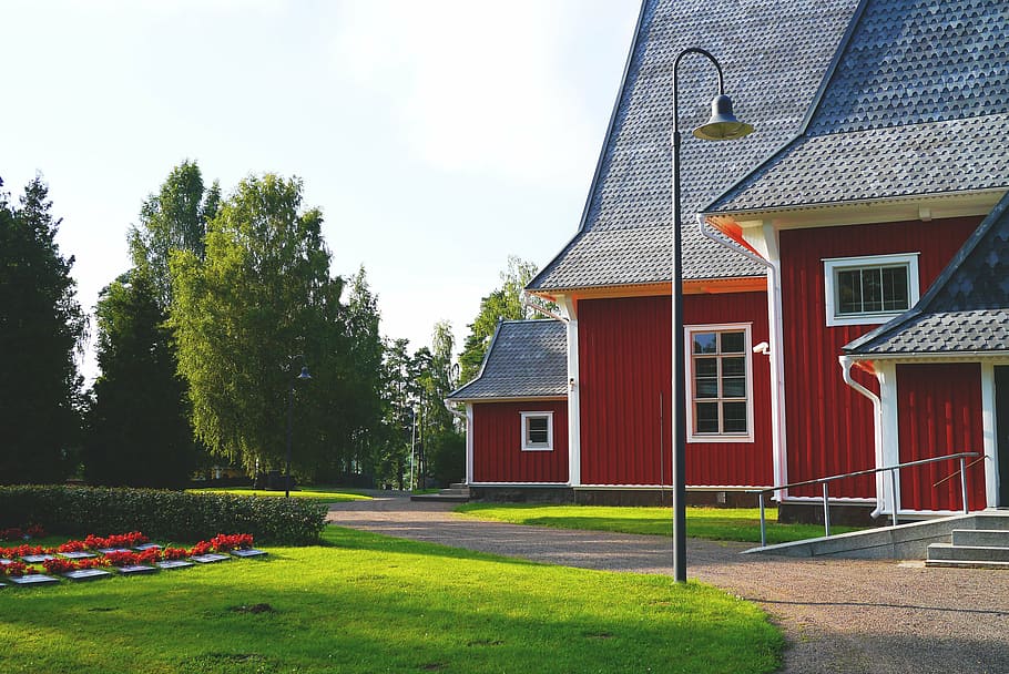 rojo, blanco, casas, iglesia, vacaciones, barra de madera, históricamente, casco histórico, casco antiguo, finlandés