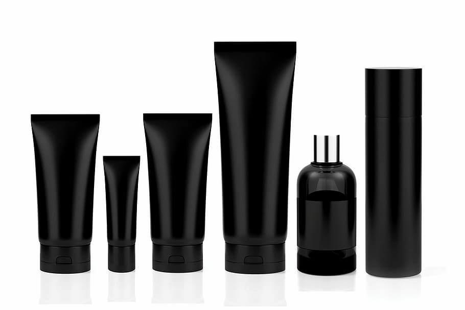 hitam, lembut, tabung, putih, permukaan, kosmetik, set, parfum, botol, deodoran