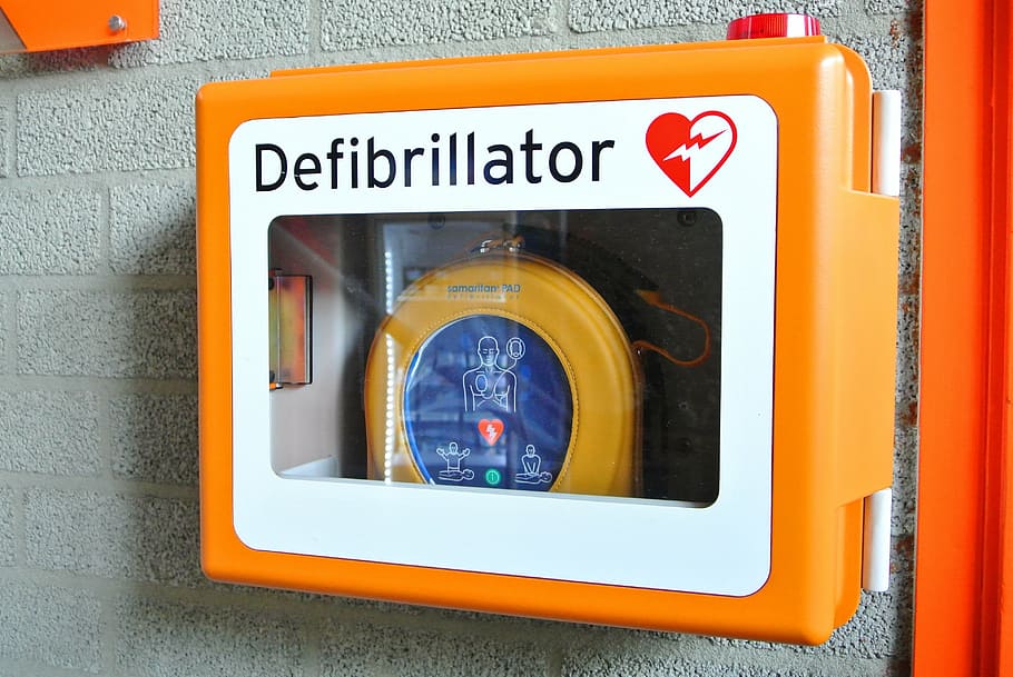orange, white, defibrillator box, defibrillator, revival, ill, heart, disease, medical, doctor