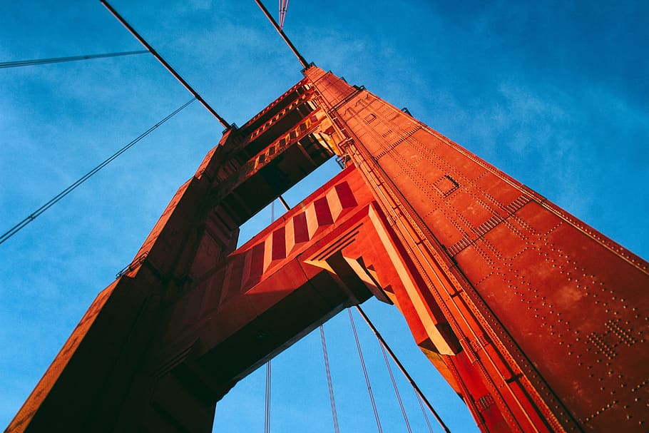 golden gate bridge, architecture, metal, steel, red, blue, san francisco, sky, low angle view, built structure