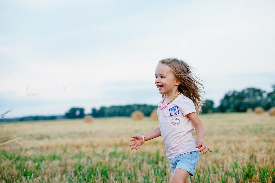 girl, pink, crew-neck shirt, joy, field, summer, smile, nature, fields, meadows