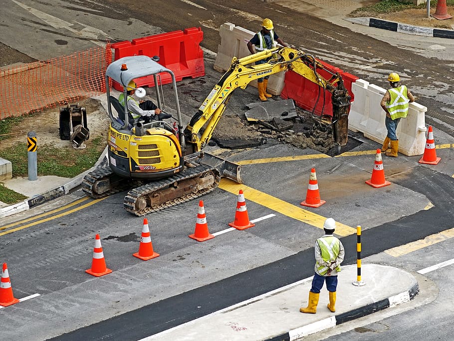 laranja, cone de tráfego, cinza, concreto, estrada, estrada de concreto, escavadeiras, máquina de construção, local, máquinas