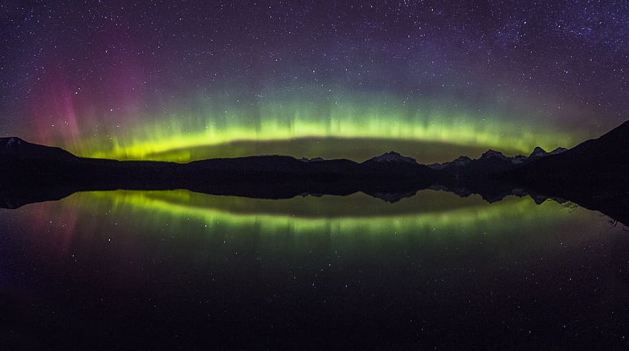 Aurora, Arc, Lake McDonald, body of water, Borealis, reflection, scenics - nature, night, beauty in nature, sky