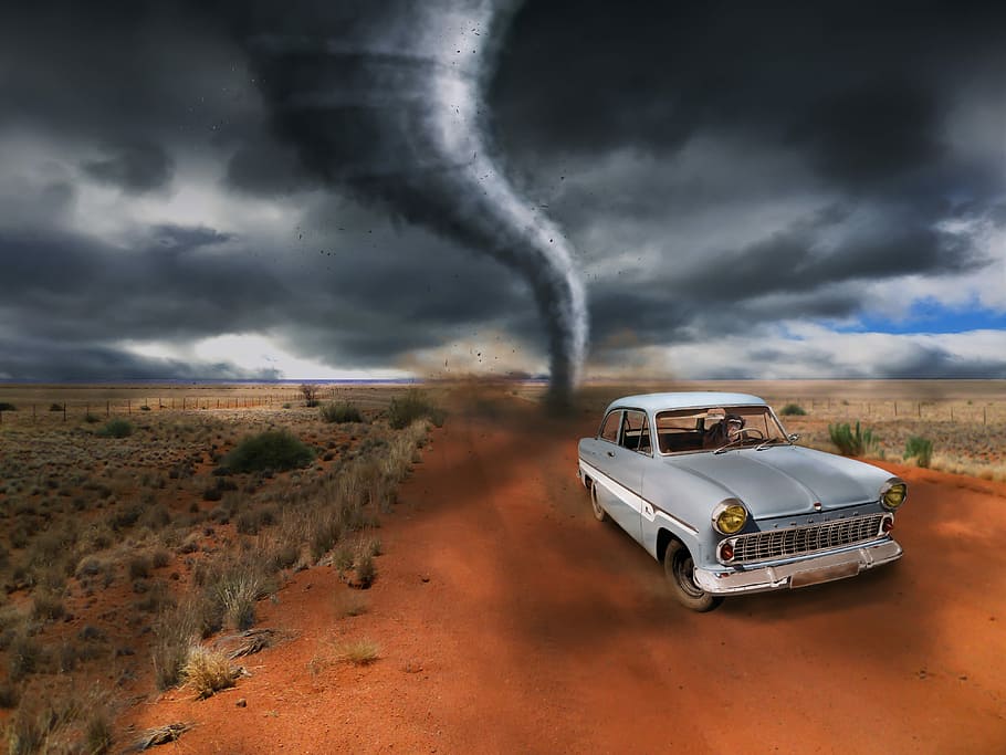 gris, vehículo, fondo de pantalla de tornado, tornado, automático, escape, mono, tormenta, hacia adelante, riesgo